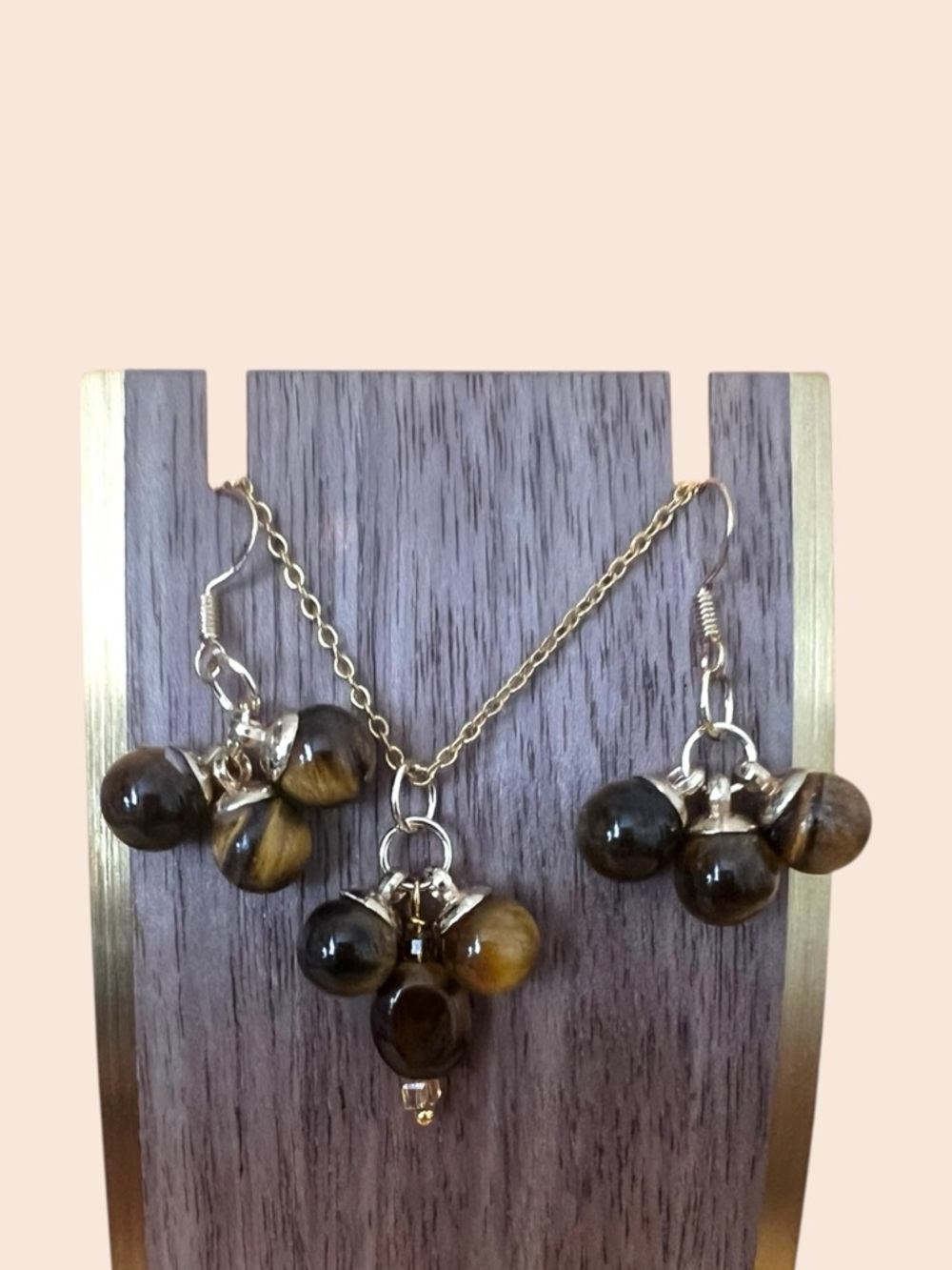 14KGP Tiger Eye Bead Necklace & Earrings Set - Brown